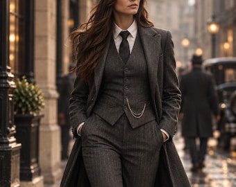 Traje de mujer estilo Peaky Blinders a rayas de los años 20 / Traje de tres piezas vintage gris carbón con abrigo largo / Conjunto de pantalón ajustado