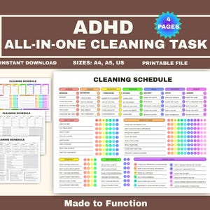 Peut inclure: Un fichier imprimable de quatre pages pour le nettoyage ADHD tout-en-un. Le document présente un calendrier de nettoyage détaillé avec des tâches quotidiennes, hebdomadaires, mensuelles, trimestrielles et annuelles, utilisant des cercles colorés.
