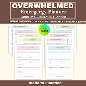 Noodplanner voor ADHD-overweldiging | Printbaar, bewerkbaar pptx, Canva, Reset voor executieve disfunctie | Braindump | Werkboek voor taakverlamming |