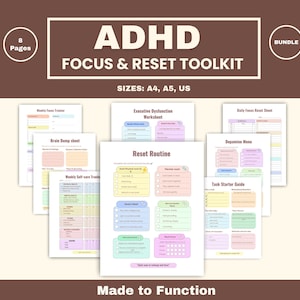 Pode incluir: Um pacote de 8 páginas ADHD Focus & Reset Toolkit com folhas de trabalho imprimíveis nos tamanhos A4, A5 e US. A coleção inclui um Reset Routine, uma folha Brain Dump, um Weekly Self-care Tracker, um Executive Dysfunction Worksheet e um Task Starter Guide.