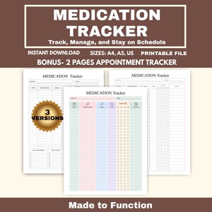 Può includere: Un set di file stampabili per il monitoraggio dei farmaci con tre diversi layout di pagina. Ogni foglio include colonne per data, farmaco, dose e ora. Una versione mostra una griglia color pastello, mentre le altre sono in bianco e nero.