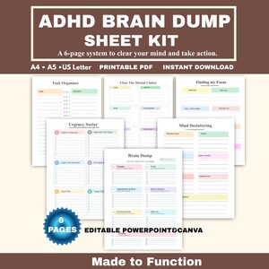 ADHS-Brain-Dump-Sheet-Kit, Vorlage zum Ausdrucken für mentale Unordnung, Fokus- und Dringlichkeitsblätter, bearbeitbare PPTX-Datei, Gedankenorganisator, Produktivitätsplaner.