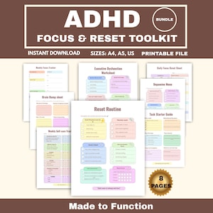 ADHD Focus Reset Toolkit for Adult | Printable Planner, Dopamine Menu, Executive Dysfunction Worksheet (Digital Download)