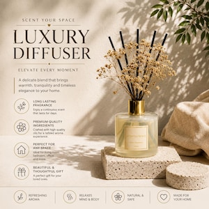 May include: A clear glass reed diffuser with a gold-toned collar, containing scented liquid and black reeds topped with dried baby's breath flowers. The label reads SCENTED SPACE. Text on the image includes LUXURY DIFFUSER and SCENT YOUR SPACE.