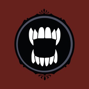 Könnte beinhalten: Eine Schwarzweißillustration eines Vampirmundes mit scharfen Zähnen, eingebettet in einen runden Rahmen mit verzierten Details.