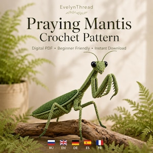 Könnte beinhalten: Eine grüne gehäkelte Gottesanbeterin-Figur mit großen schwarzen Augen, die auf einem Holzstück sitzt. Der Text lautet EvelynThread Praying Mantis Crochet Pattern, Digital PDF, Beginner Friendly, Instant Download, mit kleinen Flaggensymbolen.