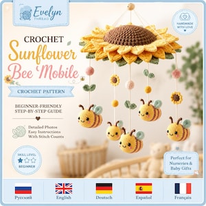 Puede incluir: Un patrón de ganchillo para un móvil de abejas y girasoles con un gran girasol marrón y amarillo y abejas, flores pequeñas y esferas tejidas colgantes. El texto dice Evelyn Thread, Crochet Sunflower Bee Mobile, Crochet Pattern, Beginner-Friendly Step-By-Step Guide, Detailed Photos, Easy Instructions With Stitch Counts, Skill Level Beginner y Perfect for Nurseries & Baby Gifts.