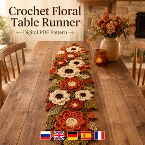 May include: A crochet floral table runner featuring a digital PDF pattern with cream, orange, and dark brown flowers interspersed with green leaves. The text Crochet Floral Table Runner Digital PDF Pattern is displayed at the top of the image.