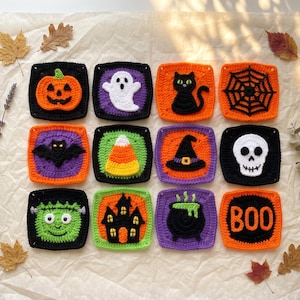 May include: A set of twelve square crochet patches featuring Halloween motifs including a pumpkin, ghost, black cat, spider web, bat, candy corn, witch hat, skull, Frankenstein monster, haunted house, bubbling cauldron, and the word BOO.