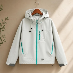 May include: A light grey hooded jacket featuring a bright teal front zip, matching teal zipped pockets on the chest and sides, and adjustable drawstrings on the hood. The jacket includes black hardware accents and dark grey cuffs at the sleeves.