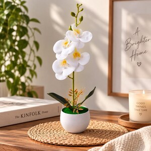 Realistic Artificial Orchid Plant in Pot, Real Touch Faux Orchid Flower Decor, Tabletop Centerpiece for Home, Office & Hotel