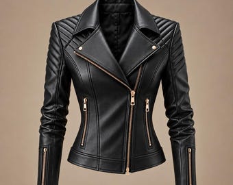 May include: A black faux leather jacket featuring an asymmetrical gold-tone zipper closure, notched lapels, and quilted shoulder detailing. The jacket includes two zippered side pockets and zippered cuffs, with a fitted silhouette and smooth finish.