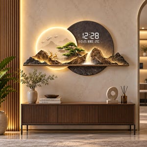 May include: A circular wall-mounted digital clock featuring a backlit landscape relief with mountains, a waterfall, a green tree, and two deer. The clock displays the time 12:28, the date 10-25, and the temperature 29C in white digital text.