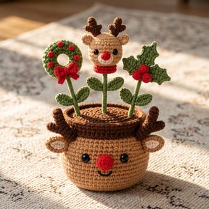 Handgemaakte gehaakte rendier bloempot, melkkatoen kersttafeldecoratie (amigurumi)