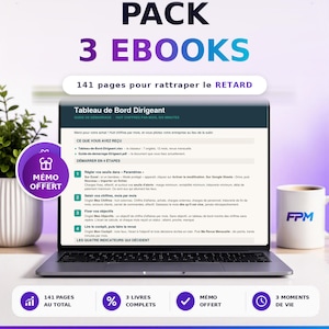 Peut inclure: Un pack de trois livres numériques au format PDF totalisant 141 pages. L'écran d'ordinateur affiche un guide intitulé Tableau de Bord Dirigeant, accompagné d'un badge promotionnel violet et d'une tasse blanche portant l'inscription FPM.