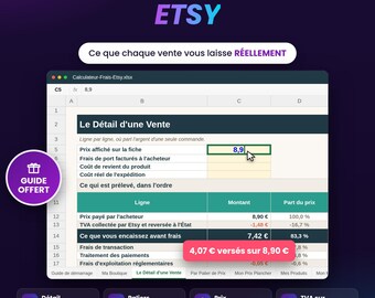 Etsy Fee Calculator (Excel, French): Actual Margin Per Sale, VAT Included, Floor Price, and Tier Comparison