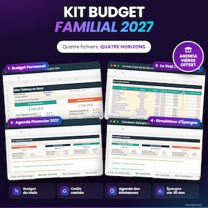 Peut inclure: Un kit de budget familial 2027 comprenant quatre fichiers Excel et Google Sheets. L'image présente quatre interfaces de tableurs avec des tableaux de bord financiers, des simulateurs d'épargne et des suivis de dépenses. Agenda vierge inclus.