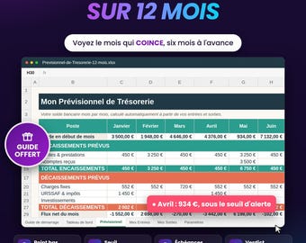 Previsione del flusso di cassa a 12 mesi in Excel, monitoraggio del saldo bancario mese per mese e avvisi per i mesi critici, Fogli Google