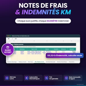 May include: A digital spreadsheet template for expense reports and mileage reimbursement titled NOTES DE FRAIS & INDEMNITÉS KM. It features a data table for tracking travel, vehicle details, and calculated costs, with icons for tracking, tax, and monthly notes.