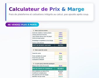 Calculateur Prix de Vente Excel & Google Sheets - Marge, Frais Etsy, Cotisations Auto-Entrepreneur, Artisan