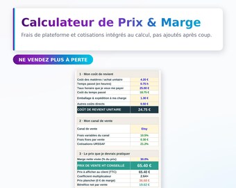 Calculateur Prix de Vente Excel & Google Sheets - Marge, Frais Etsy, Cotisations Auto-Entrepreneur, Artisan