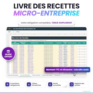 Livre de Recettes Auto Entrepreneur Excel, Registre Comptable Obligatoire, Totaux Trimestriels et Suivi des Seuils