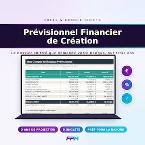 May include: A digital financial projection template for Excel and Google Sheets displayed on a laptop screen. The document titled Mon Compte de Résultat Prévisionnel shows a three-year table with rows for revenue, expenses, and net income in euros.