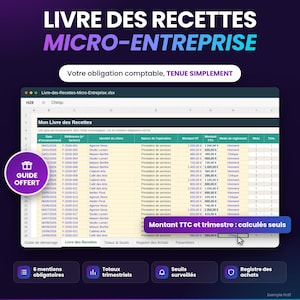 May include: A digital spreadsheet template for micro-enterprise revenue tracking, featuring columns for dates, client names, operation types, and payment amounts in Euros. The interface includes tabs for receipts, totals, and purchase logs with automated calculations.
