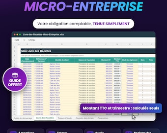 Livre de Recettes Auto Entrepreneur Excel, Registre Comptable Obligatoire, Totaux Trimestriels et Suivi des Seuils