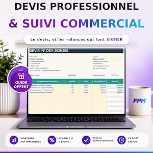 Peut inclure: Un modèle numérique de devis professionnel et de suivi commercial affiché sur un écran d'ordinateur portable. Le document comprend des champs pour les détails de l'émetteur et du client, les prestations, quantités, prix unitaires et totaux. Texte : EXCEL & GOOGLE SHEETS, DEVIS PROFESSIONNEL & SUIVI COMMERCIAL, GUIDE OFFERT.