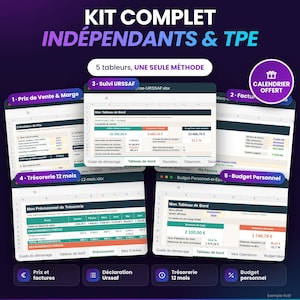 Puede incluir: Un kit digital con cinco plantillas de Excel y Google Sheets para trabajadores independientes y pequeñas empresas. La imagen muestra hojas de cálculo para precios de venta, seguimiento URSSAF, facturación, flujo de caja y presupuesto.