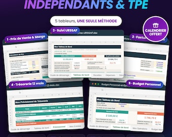 Kit completo per lavoratori autonomi: Excel, 5 fogli di calcolo per la gestione URSSAF (fatturazione, prezzi, flusso di cassa e budget), Fogli Google