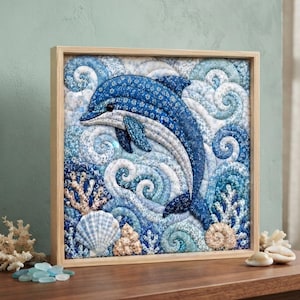 Op de afbeelding: Een vierkant ingelijst textielkunstwerk met een gewatteerde dolfijn in blauwe en witte tinten met bloemmotieven. De dolfijn is omringd door wervelende blauwe stoffen golven, witte koraalstructuren en schelpen, alles gevat in een lichthouten lijst.