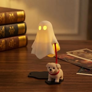 Può includere: Una piccola lampada bianca a forma di fantasma con due occhi gialli, collegata tramite un guinzaglio rosso a una statuetta di cucciolo di colore chiaro su una base nera. Il fantasma è illuminato dall'interno, emettendo una luce calda.