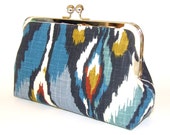Indigo Blue Ikat Contemporary Cotton Clutch with Turquoise, Med Blue, Aqua, Olive, Cream and Rust Red