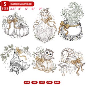 May include: A set of six digital embroidery designs featuring line art illustrations of pumpkins, a potion bottle, a cauldron with steam, a hanging bat, an owl on a pumpkin, and a witch hat, all accented with gold bows in sizes 3.8, 4, 5, 6, and 7 inches.