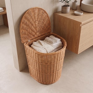 May include: A tall, oval-shaped wicker laundry hamper with a hinged lid that stands upright. The natural light brown woven basket contains a folded white bathrobe and a stack of white towels neatly placed inside the main compartment.