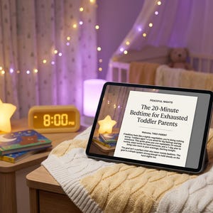 Könnte beinhalten: Ein Tablet zeigt ein Dokument mit dem Titel The 20-Minute Bedtime for Exhausted Toddler Parents. Der Bildschirm zeigt Text über einen 7-Tage-Plan für Kleinkinder. Das Tablet liegt auf einer cremefarbenen und gelben Zopfstrickdecke.