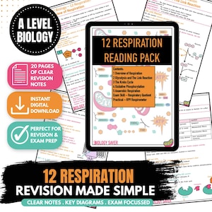 May include: A digital tablet displays a 12 Respiration Reading Pack cover featuring biological diagrams and text. Surrounding the tablet are printed revision notes with the text A Level Biology, 20 Pages of Clear Revision Notes, Instant Digital Download, Perfect for Revision & Exam Prep, and 12 Respiration Revision Made Simple.