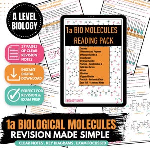 May include: A digital tablet displays a reading pack titled 1a BIO MOLECULES READING PACK, surrounded by educational revision notes on biological molecules. The screen lists contents including monomers, polymers, lipids, and proteins with chemical diagrams.