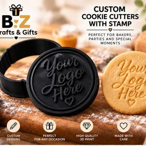 May include: A black circular cookie cutter and stamp set featuring the embossed text Your Logo Here with a heart icon. Beside it sits a round cookie with the same design imprinted on its surface. The set is branded B:Z Crafts & Gifts.