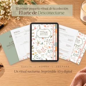 Puede incluir: Un planificador digital titulado Mapi Rituals Collectibles con portada floral, junto a páginas impresas con el texto Suelta, Prepara y El arte de Desconectarse. El diseño incluye secciones para rituales nocturnos, impreso en papel tamaño A5.