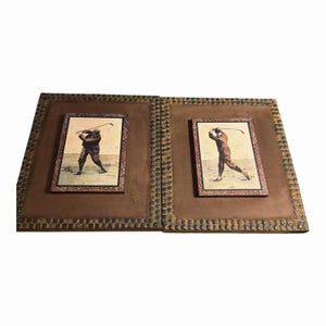 Vintage Golf Art Pair Faux Suede Matted Studded Frames Country Club Decor