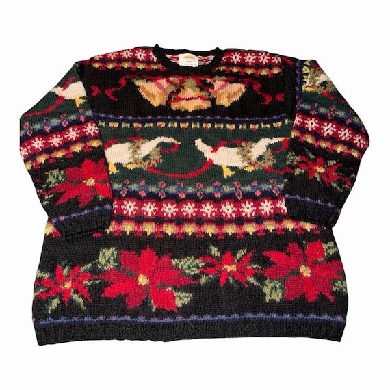 Talbots, Vintage Talbots Christmas Goose Sweater Petite Medium Hand Knit Wool Poinsettia