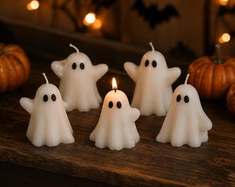Ghost-Shaped Wax Candle, White Sculptural Halloween Decor, Black Eye Details