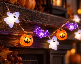Halloween String Lights, Ghost Pumpkin & Bat Fairy Lights, Battery Operated Halloween Decor, 20 or 30 LEDs