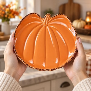8 Inch Ceramic Pumpkin Serving Plate, Orange Halloween Platter, Fall Table Decor