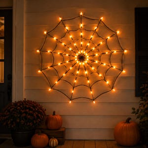 Puede incluir: Una decoración circular de telaraña con marco de alambre negro y numerosas luces LED pequeñas de color naranja brillante dispuestas en un patrón radial, montada en una pared para crear una exhibición iluminada y decorativa.