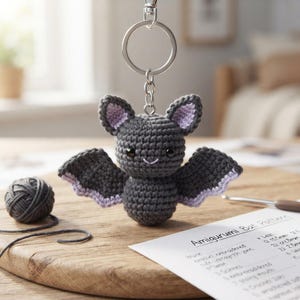 May include: A dark gray crocheted bat keychain with light purple inner ears and wing accents. The bat features two black plastic eyes and a white stitched mouth. It is attached to a silver metal split ring and chain for hanging purposes.
