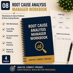 Può includere: Un quaderno di lavoro a spirale intitolato Root Cause Analysis Manager Workbook con copertina blu scuro, testo dorato e icona di una lente d'ingrandimento. La copertina riporta Analyze. Correct. Prevent. Include fogli di lavoro e una penna.